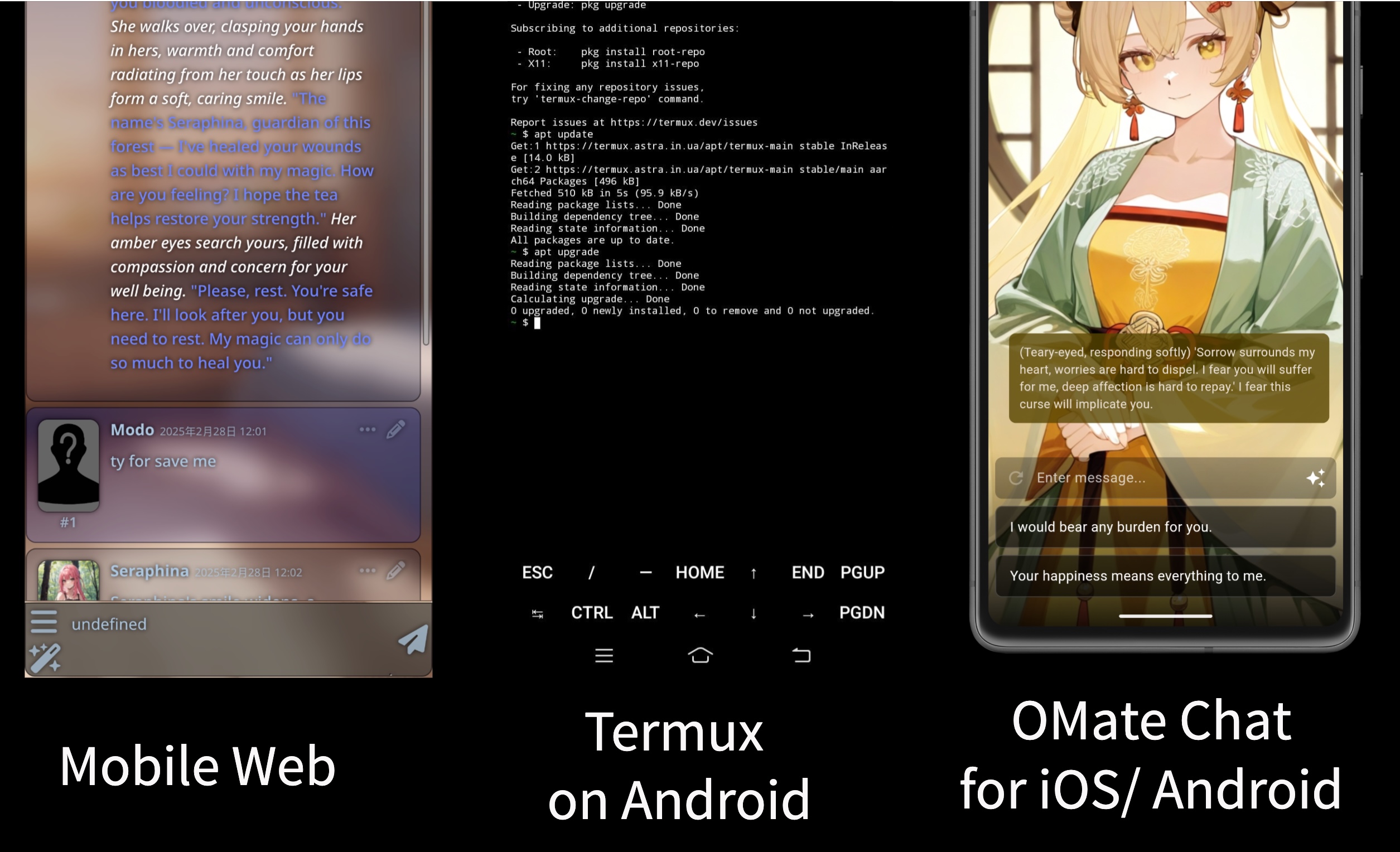 SillyTavern Interface - Comparison of Mobile Web, Termux on Android, and OMate Chat